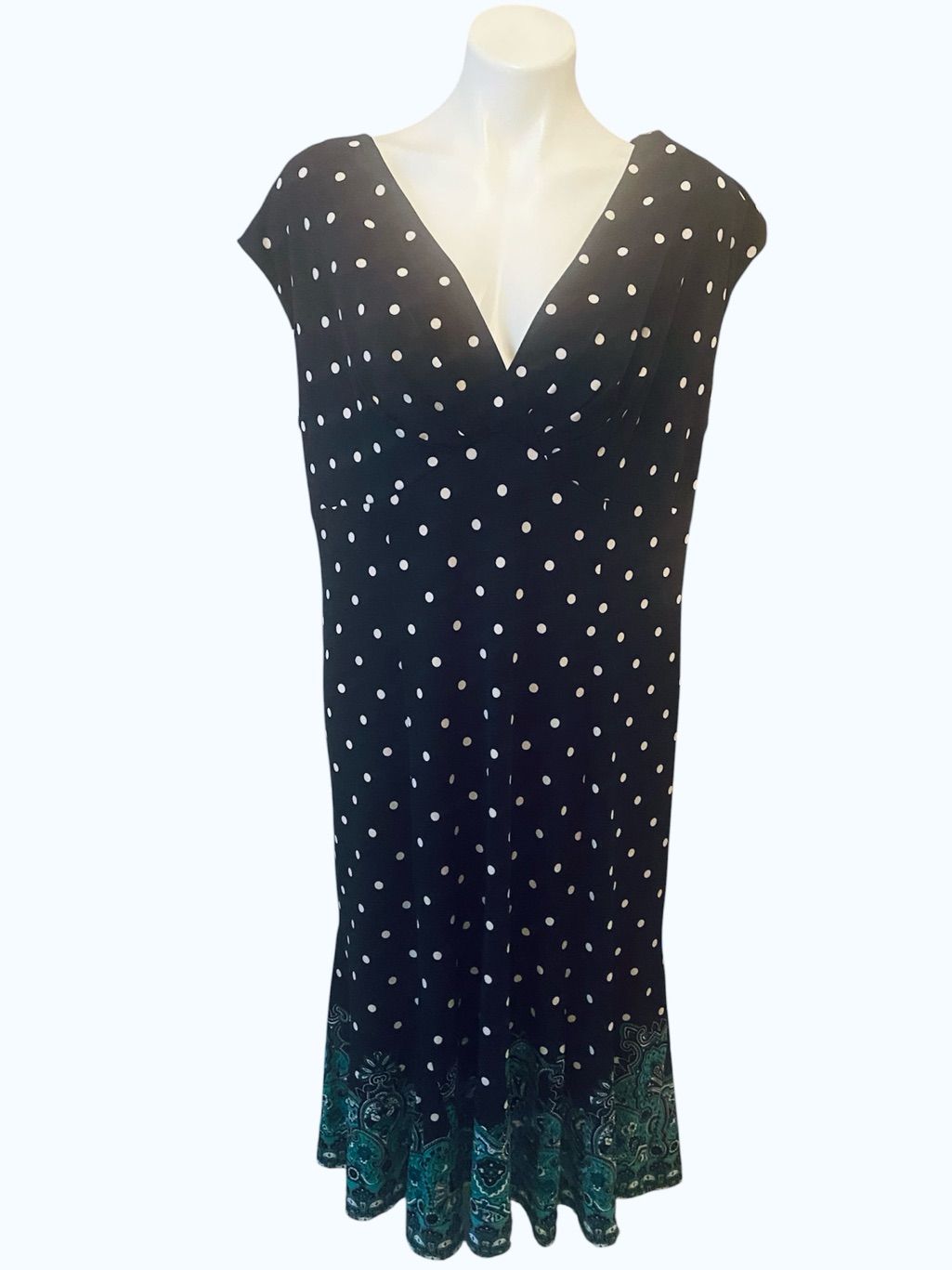 Jones New York Black Sleeveless Polka Dot Dress Teal Paisley Border Size 16w